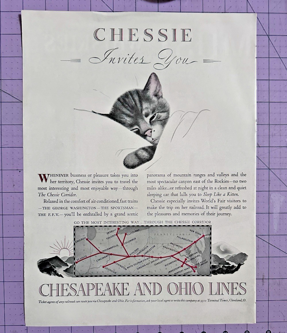 1939 Chesapeake And Ohio Railroad Lines Chessie Cat bed pillow Vintage ad